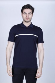 NAVY BLUE COLOR, SHORT SLEEVE, ASYMMETRIC PATTERNED, COTTON AND LYCRA BLENDED, POLO COLLAR T-SHIRT