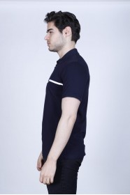 NAVY BLUE COLOR, SHORT SLEEVE, ASYMMETRIC PATTERNED, COTTON AND LYCRA BLENDED, POLO COLLAR T-SHIRT