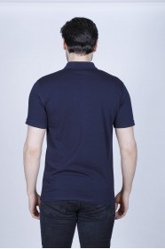 NAVY BLUE COLOR, SHORT SLEEVE, ASYMMETRIC PATTERNED, COTTON AND LYCRA BLENDED, POLO COLLAR T-SHIRT
