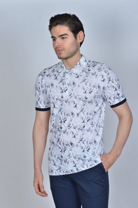 WHITE-GRAY COLOR, SHORT SLEEVE, ASYMMETRIC PATTERNED, COTTON AND LYCRA BLENDED, POLO COLLAR T-SHIRT