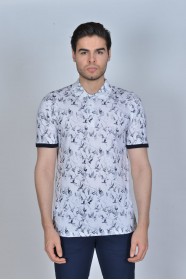 WHITE-GRAY COLOR, SHORT SLEEVE, ASYMMETRIC PATTERNED, COTTON AND LYCRA BLENDED, POLO COLLAR T-SHIRT