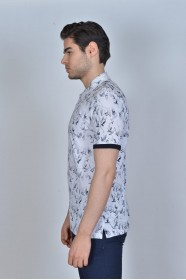 WHITE-GRAY COLOR, SHORT SLEEVE, ASYMMETRIC PATTERNED, COTTON AND LYCRA BLENDED, POLO COLLAR T-SHIRT