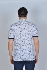WHITE-GRAY COLOR, SHORT SLEEVE, ASYMMETRIC PATTERNED, COTTON AND LYCRA BLENDED, POLO COLLAR T-SHIRT