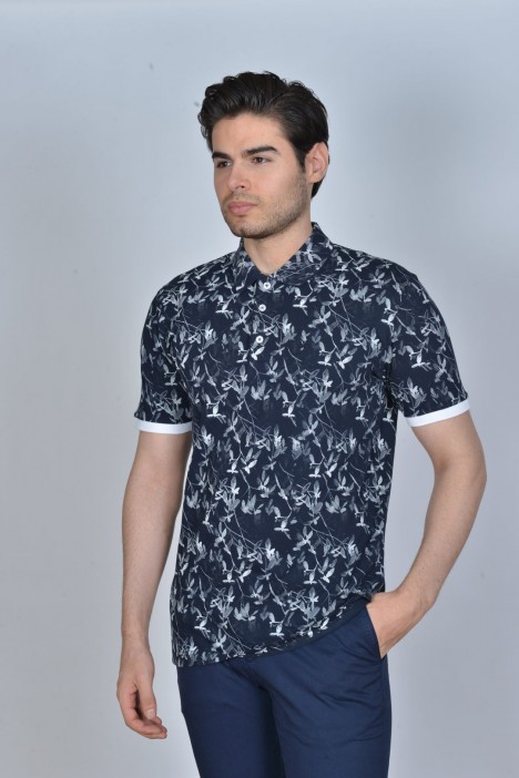 NAVY BLUE-GRAY COLOR, SHORT SLEEVE, ASYMMETRIC PATTERNED, COTTON AND LYCRA BLENDED, POLO COLLAR T-SHIRT