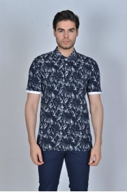 NAVY BLUE-GRAY COLOR, SHORT SLEEVE, ASYMMETRIC PATTERNED, COTTON AND LYCRA BLENDED, POLO COLLAR T-SHIRT