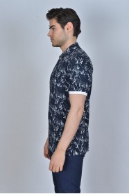 NAVY BLUE-GRAY COLOR, SHORT SLEEVE, ASYMMETRIC PATTERNED, COTTON AND LYCRA BLENDED, POLO COLLAR T-SHIRT