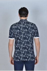 NAVY BLUE-GRAY COLOR, SHORT SLEEVE, ASYMMETRIC PATTERNED, COTTON AND LYCRA BLENDED, POLO COLLAR T-SHIRT