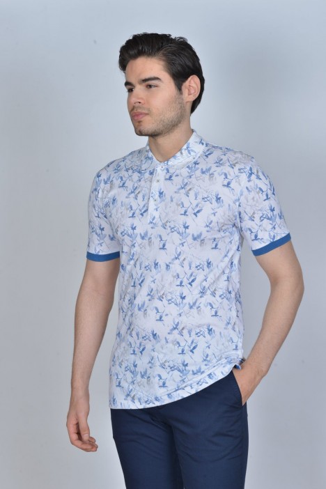 WHITE- LIGHT BLUE COLOR, SHORT SLEEVE, ASYMMETRIC PATTERNED, COTTON AND LYCRA BLENDED, POLO COLLAR T-SHIRT