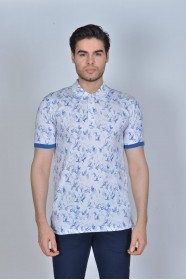 WHITE- LIGHT BLUE COLOR, SHORT SLEEVE, ASYMMETRIC PATTERNED, COTTON AND LYCRA BLENDED, POLO COLLAR T-SHIRT