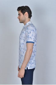 WHITE- LIGHT BLUE COLOR, SHORT SLEEVE, ASYMMETRIC PATTERNED, COTTON AND LYCRA BLENDED, POLO COLLAR T-SHIRT