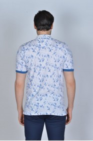 WHITE- LIGHT BLUE COLOR, SHORT SLEEVE, ASYMMETRIC PATTERNED, COTTON AND LYCRA BLENDED, POLO COLLAR T-SHIRT