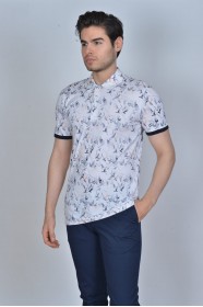 WHITE- ORANGE COLOR, SHORT SLEEVE, ASYMMETRIC PATTERNED, COTTON AND LYCRA BLENDED, POLO COLLAR T-SHIRT