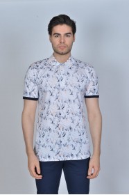 WHITE- ORANGE COLOR, SHORT SLEEVE, ASYMMETRIC PATTERNED, COTTON AND LYCRA BLENDED, POLO COLLAR T-SHIRT