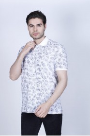 WHITE- DARK BLUE COLOR, SHORT SLEEVE, ASYMMETRIC PATTERNED, COTTON AND LYCRA BLENDED, POLO COLLAR T-SHIRT