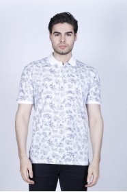 WHITE- DARK BLUE COLOR, SHORT SLEEVE, ASYMMETRIC PATTERNED, COTTON AND LYCRA BLENDED, POLO COLLAR T-SHIRT