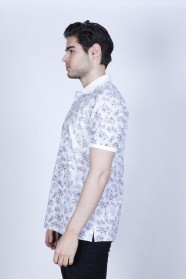 WHITE- DARK BLUE COLOR, SHORT SLEEVE, ASYMMETRIC PATTERNED, COTTON AND LYCRA BLENDED, POLO COLLAR T-SHIRT