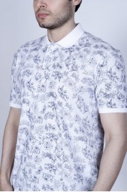 WHITE- DARK BLUE COLOR, SHORT SLEEVE, ASYMMETRIC PATTERNED, COTTON AND LYCRA BLENDED, POLO COLLAR T-SHIRT