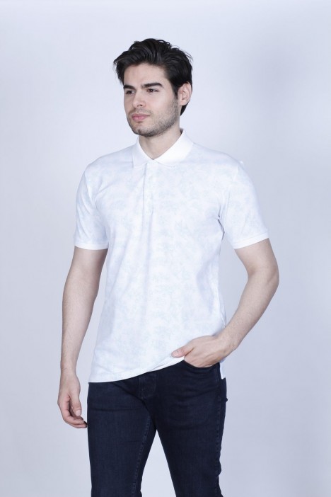 WHITE- BLUE COLOR, SHORT SLEEVE, ASYMMETRIC PATTERNED, COTTON AND LYCRA BLENDED, POLO COLLAR T-SHIRT