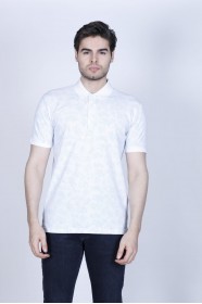WHITE- BLUE COLOR, SHORT SLEEVE, ASYMMETRIC PATTERNED, COTTON AND LYCRA BLENDED, POLO COLLAR T-SHIRT