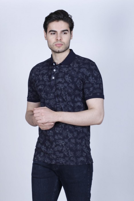 DARK BLUE- GRAY COLOR, SHORT SLEEVE, ASYMMETRIC PATTERNED, COTTON AND LYCRA BLENDED, POLO COLLAR T-SHIRT
