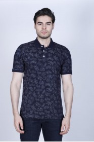 DARK BLUE- GRAY COLOR, SHORT SLEEVE, ASYMMETRIC PATTERNED, COTTON AND LYCRA BLENDED, POLO COLLAR T-SHIRT