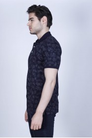 DARK BLUE- GRAY COLOR, SHORT SLEEVE, ASYMMETRIC PATTERNED, COTTON AND LYCRA BLENDED, POLO COLLAR T-SHIRT