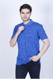 SAX BLUE- DARK BLUE COLOR, SHORT SLEEVE, ASYMMETRIC PATTERNED, COTTON AND LYCRA BLENDED, POLO COLLAR T-SHIRT