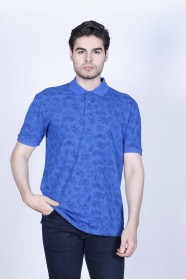 SAX BLUE- DARK BLUE COLOR, SHORT SLEEVE, ASYMMETRIC PATTERNED, COTTON AND LYCRA BLENDED, POLO COLLAR T-SHIRT