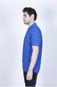 SAX BLUE- DARK BLUE COLOR, SHORT SLEEVE, ASYMMETRIC PATTERNED, COTTON AND LYCRA BLENDED, POLO COLLAR T-SHIRT