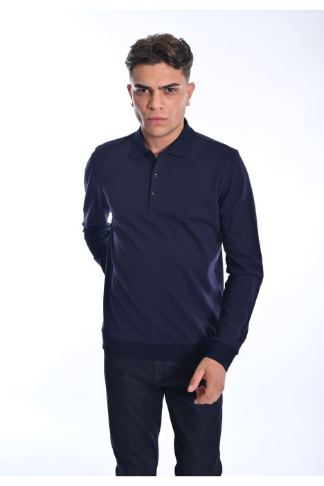 ﻿﻿ Uzun Kol Merserize Polo Düğmeli T-Shirt Lacivert