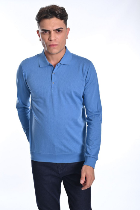 ﻿﻿ Uzun Kol Merserize Polo çitçi T-Shirt Koyu Mavi