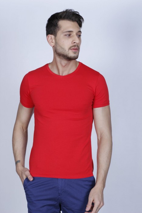 SHORT SLEEVE, SLIM-FIT V-NECK COTTON T-SHIRT. RED