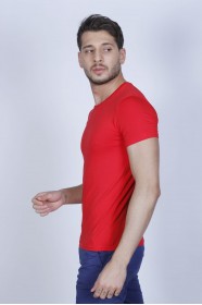 SHORT SLEEVE, SLIM-FIT V-NECK COTTON T-SHIRT. RED