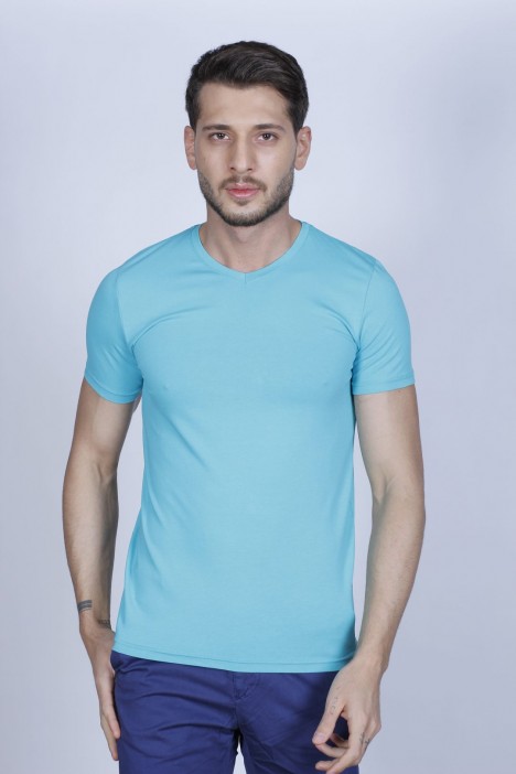 SHORT SLEEVE, SLIM-FIT V-NECK COTTON T-SHIRT. WATER-GREEN