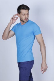 SHORT SLEEVE, SLIM-FIT V-NECK COTTON T-SHIRT. LIGHT-TURQUOISE