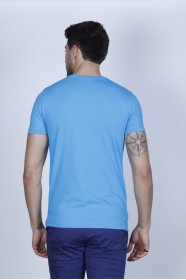 SHORT SLEEVE, SLIM-FIT V-NECK COTTON T-SHIRT. LIGHT-TURQUOISE