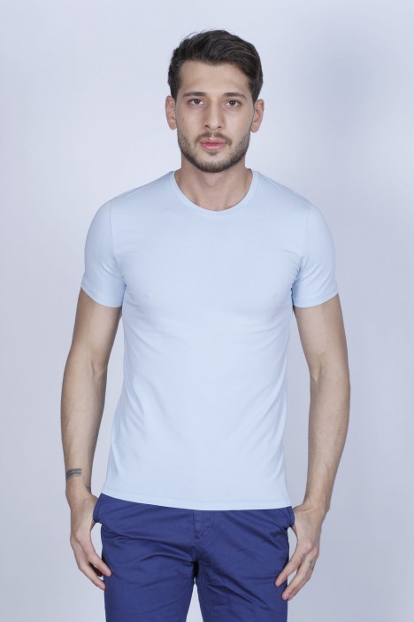 SHORT SLEEVE, SLIM-FIT V-NECK COTTON T-SHIRT. ICE-BLUE