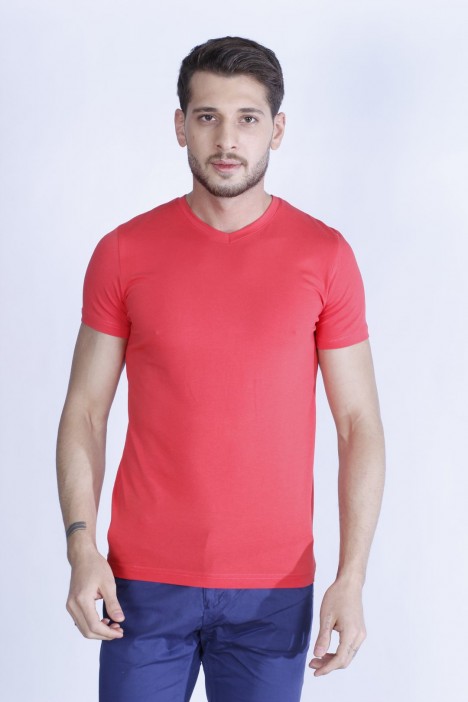 SHORT SLEEVE, SLIM-FIT V-NECK COTTON T-SHIRT. POMEGRANATE