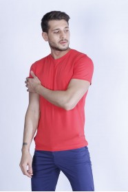 SHORT SLEEVE, SLIM-FIT V-NECK COTTON T-SHIRT. POMEGRANATE