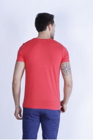 SHORT SLEEVE, SLIM-FIT V-NECK COTTON T-SHIRT. POMEGRANATE