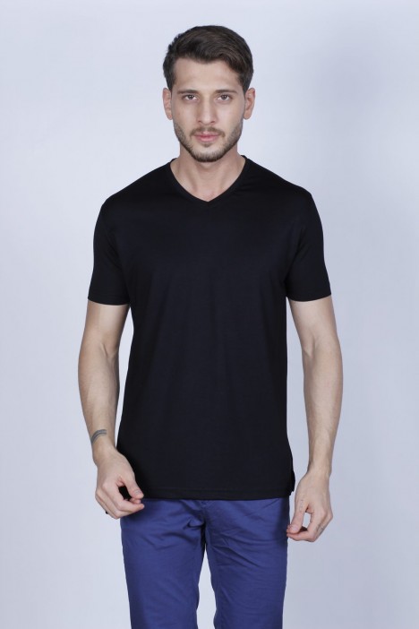 BLACK COLOR SHORT SLEEVE ROUND NECK VISCOSE T-SHIRT