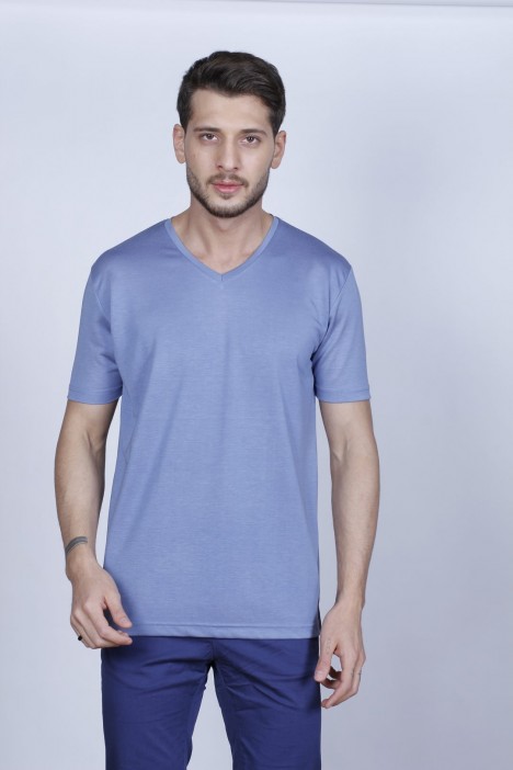 BLUE COLOR SHORT SLEEVE ROUND NECK VISCOSE T-SHIRT
