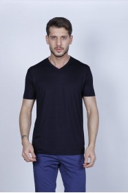 SHORT SLEEVE ROUND COLLAR VISCOSE T-SHIRT. NAVY BLUE