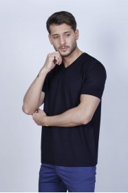 SHORT SLEEVE ROUND COLLAR VISCOSE T-SHIRT. NAVY BLUE