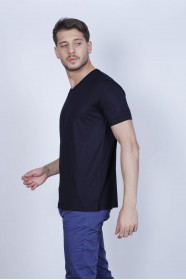 SHORT SLEEVE ROUND COLLAR VISCOSE T-SHIRT. NAVY BLUE