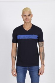 SHORT SLEEVE, REGULAR-FIT, V-NECK, PRINTED T-SHIRT. NAVY BLUE