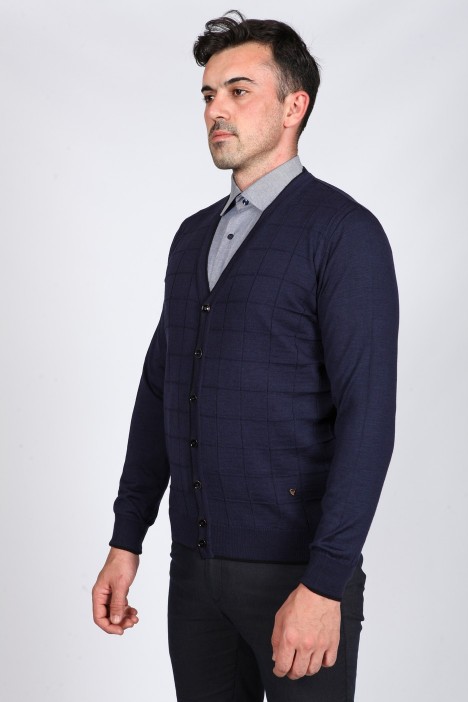 WOOL CARDIGAN WITH BUTTONS. MELANGE-DARK-SKYBLUE