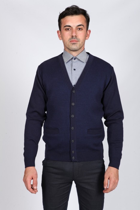 LIGHT NAVY BLUE WOOL CARDIGAN WITH POCKETS AND BUTTONS