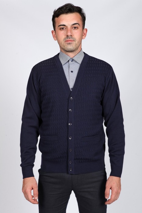 LIGHT NAVY BLUE WOOL CARDIGAN WITH POCKETS AND BUTTONS