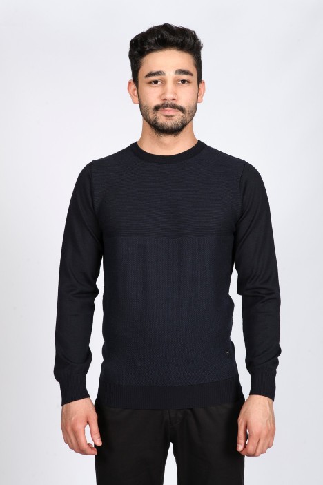 NAVY BLUE COLOR EMBOSSED TEXTURED WOOL SWEATER